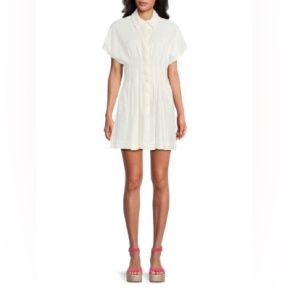 Alice + Olivia Lilliana Linen Blend Pleated Mini Shirtdress- in off white